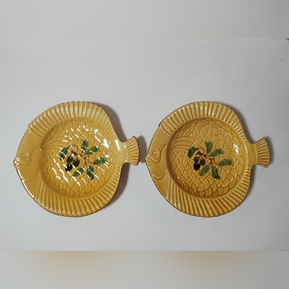 2 Vintage POTERIE du JABRON French Pottery Mustard Yellow Olive Fish Platter 10”